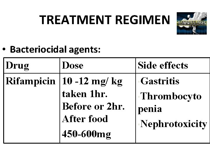 TREATMENT REGIMEN • Bacteriocidal agents: Drug Dose Rifampicin 10 -12 mg/ kg taken 1