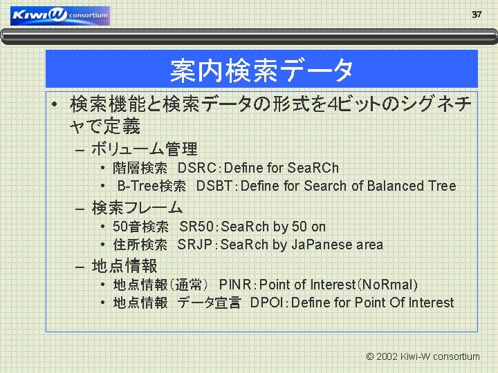 37 案内検索データ • 検索機能と検索データの形式を 4ビットのシグネチ ャで定義 – ボリューム管理 • 階層検索　DSRC：Define for Sea. RCh •