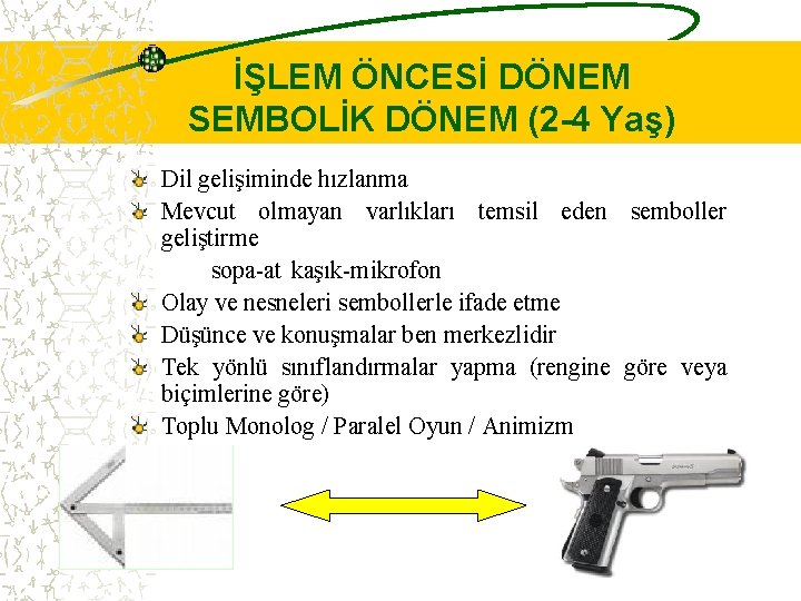 İŞLEM ÖNCESİ DÖNEM SEMBOLİK DÖNEM (2 -4 Yaş) Dil gelişiminde hızlanma Mevcut olmayan varlıkları