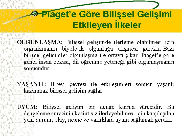 Piaget’e Göre Bilişsel Gelişimi Etkileyen İlkeler OLGUNLAŞMA: Bilişsel gelişimde ilerleme olabilmesi için organizmanın biyolojik