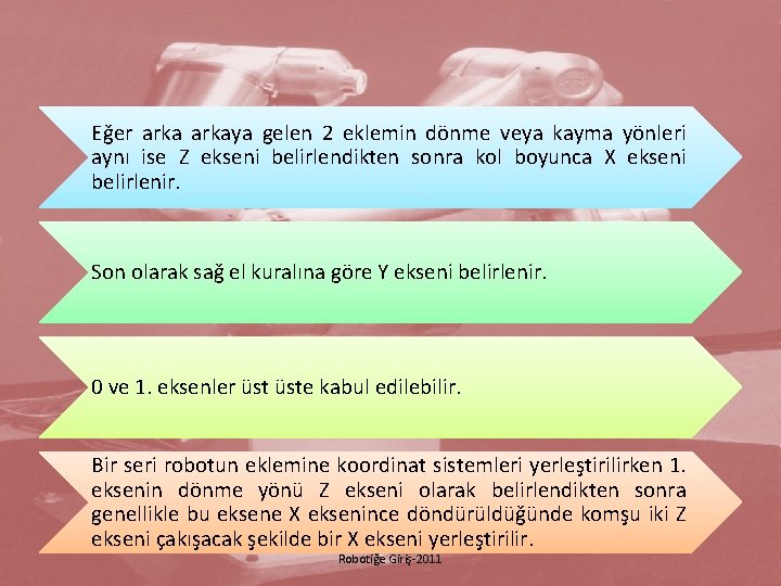 Eğer arkaya gelen 2 eklemin dönme veya kayma yönleri aynı ise Z ekseni belirlendikten