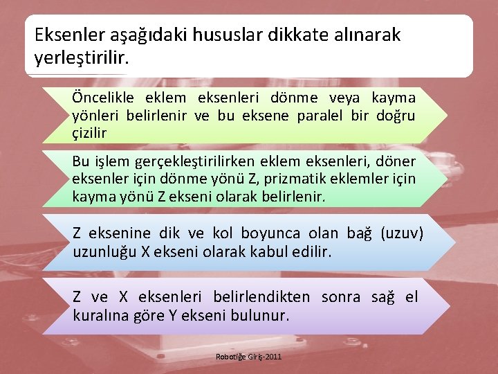 Eksenler aşağıdaki hususlar dikkate alınarak yerleştirilir. Öncelikle eklem eksenleri dönme veya kayma yönleri belirlenir