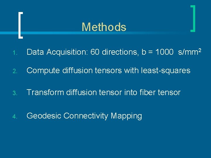 Methods 1. Data Acquisition: 60 directions, b = 1000 s/mm 2 2. Compute diffusion