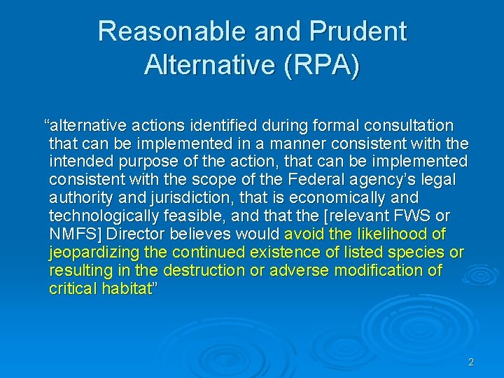Reasonable and Prudent Alternative (RPA) “alternative actions identified during formal consultation that can be
