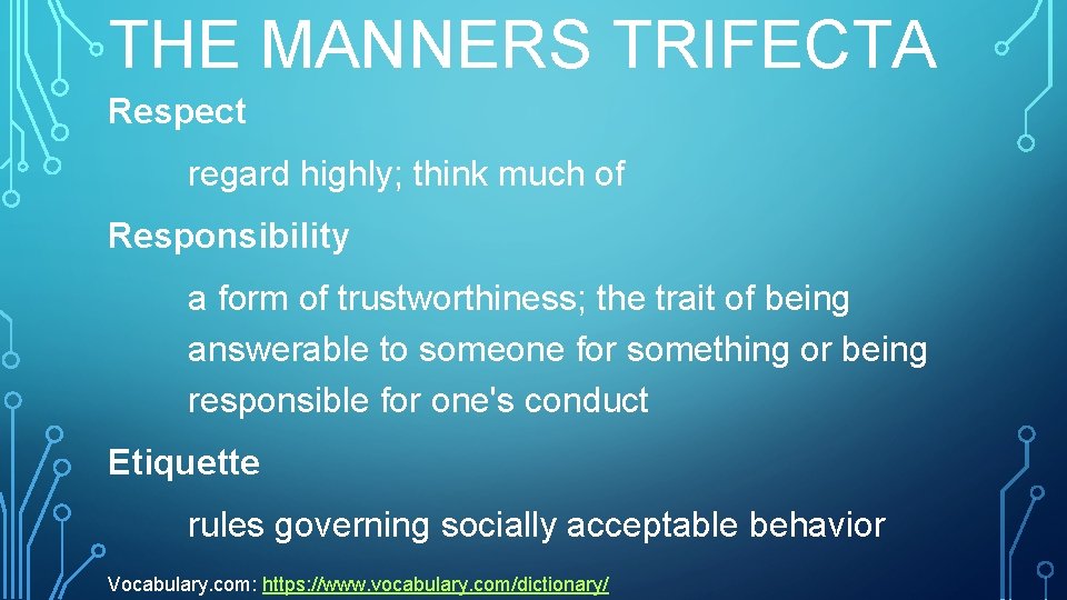 THE MANNERS TRIFECTA Respect regard highly; think much of Responsibility a form of trustworthiness;