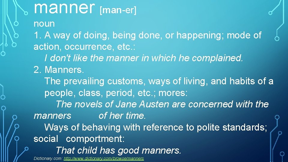 manner [man-er] noun 1. A way of doing, being done, or happening; mode of