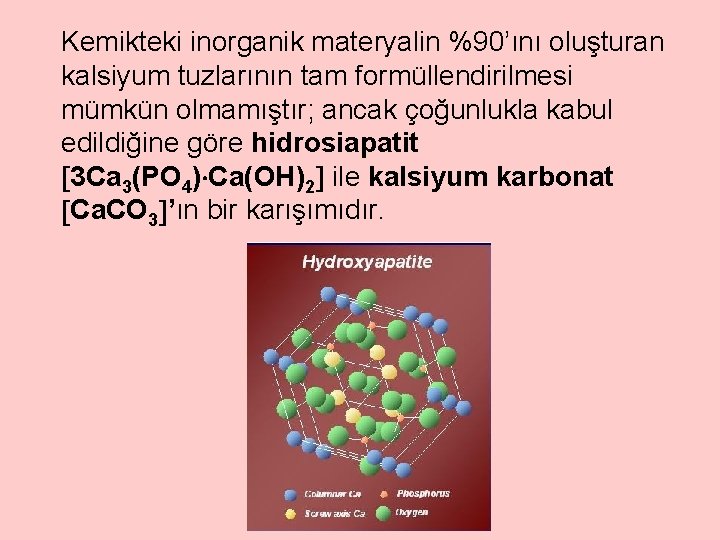 Kemikteki inorganik materyalin %90’ını oluşturan kalsiyum tuzlarının tam formüllendirilmesi mümkün olmamıştır; ancak çoğunlukla kabul