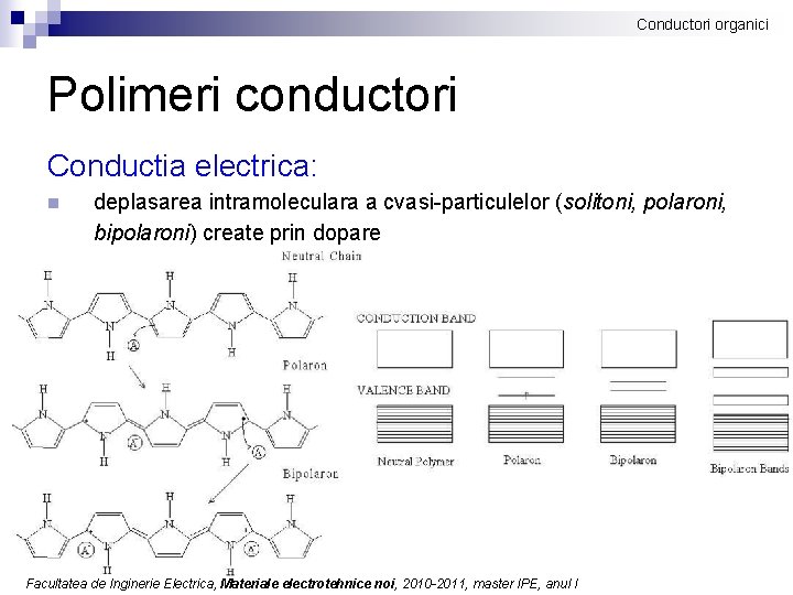 Conductori organici Polimeri conductori Conductia electrica: n deplasarea intramoleculara a cvasi-particulelor (solitoni, polaroni, bipolaroni)