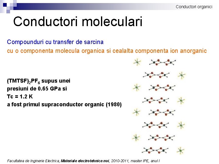 Conductori organici Conductori moleculari Compounduri cu transfer de sarcina cu o componenta molecula organica