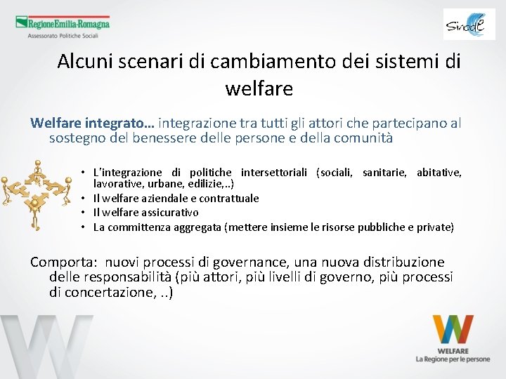 Alcuni scenari di cambiamento dei sistemi di welfare Welfare integrato… integrazione tra tutti gli