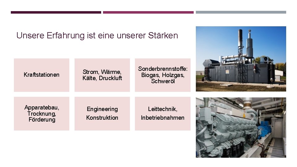 Unsere Erfahrung ist eine unserer Stärken Kraftstationen Strom, Wärme, Kälte, Druckluft Sonderbrennstoffe: Biogas, Holzgas,
