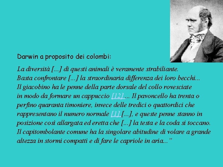 Darwin a proposito dei colombi: La diversità [. . . ] di questi animali