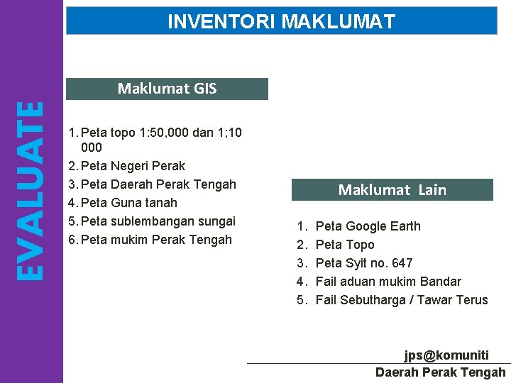 INVENTORI MAKLUMAT EVALUATE Maklumat GIS 1. Peta topo 1: 50, 000 dan 1; 10