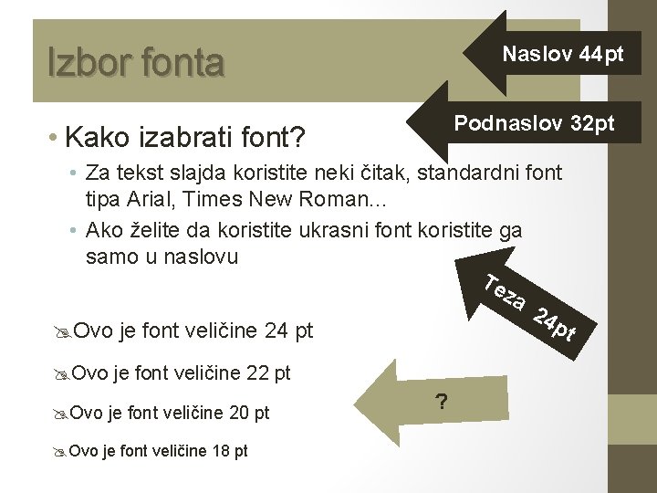 Izbor fonta Naslov 44 pt Podnaslov 32 pt • Kako izabrati font? • Za