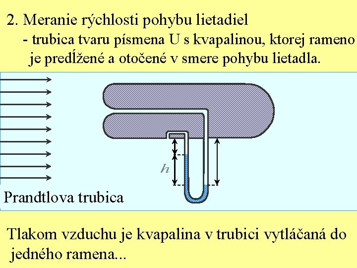 2. Meranie rýchlosti pohybu lietadiel - trubica tvaru písmena U s kvapalinou, ktorej rameno