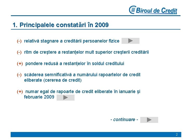 1. Principalele constatări în 2009 (-) relativă stagnare a creditării persoanelor fizice (-) ritm
