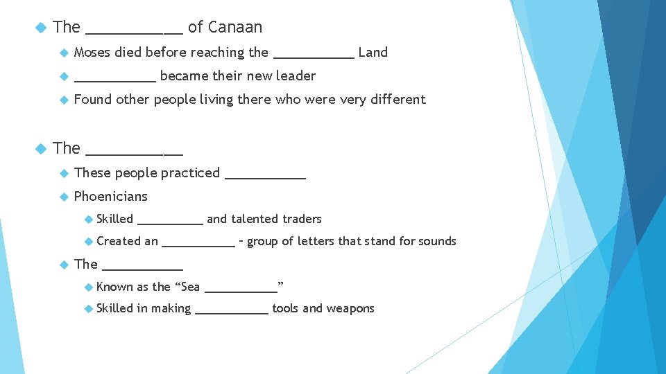  The _____ of Canaan Moses died before reaching the _____ Land _____ became