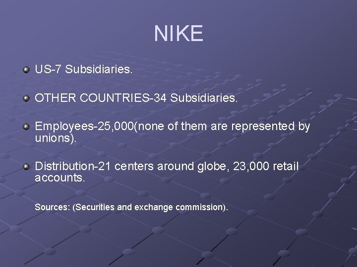 NIKE US-7 Subsidiaries. OTHER COUNTRIES-34 Subsidiaries. Employees-25, 000(none of them are represented by unions).