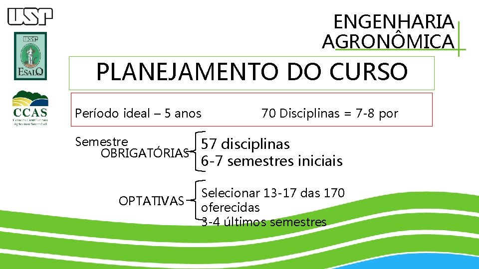 ENGENHARIA AGRONÔMICA PLANEJAMENTO DO CURSO Período ideal – 5 anos 70 Disciplinas = 7