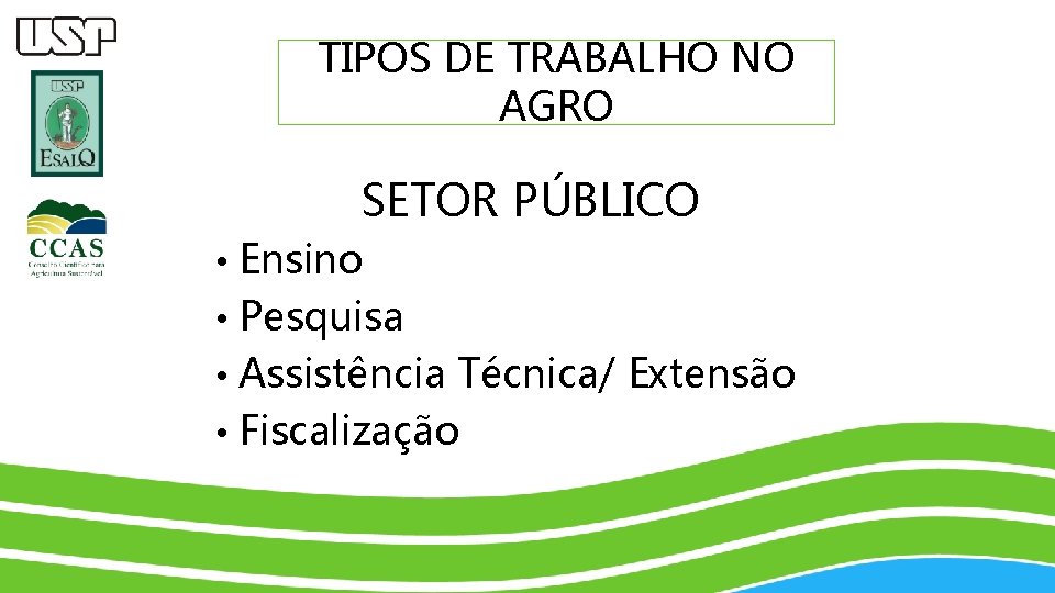 TIPOS DE TRABALHO NO AGRO SETOR PÚBLICO • Ensino • Pesquisa • Assistência Técnica/