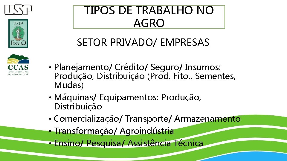 TIPOS DE TRABALHO NO AGRO SETOR PRIVADO/ EMPRESAS • Planejamento/ Crédito/ Seguro/ Insumos: Produção,