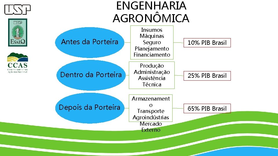 ENGENHARIA AGRONÔMICA Antes da Porteira Insumos Máquinas Seguro Planejamento Financiamento 10% PIB Brasil Dentro