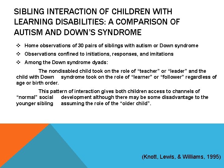 SIBLING INTERACTION OF CHILDREN WITH LEARNING DISABILITIES: A COMPARISON OF AUTISM AND DOWN’S SYNDROME