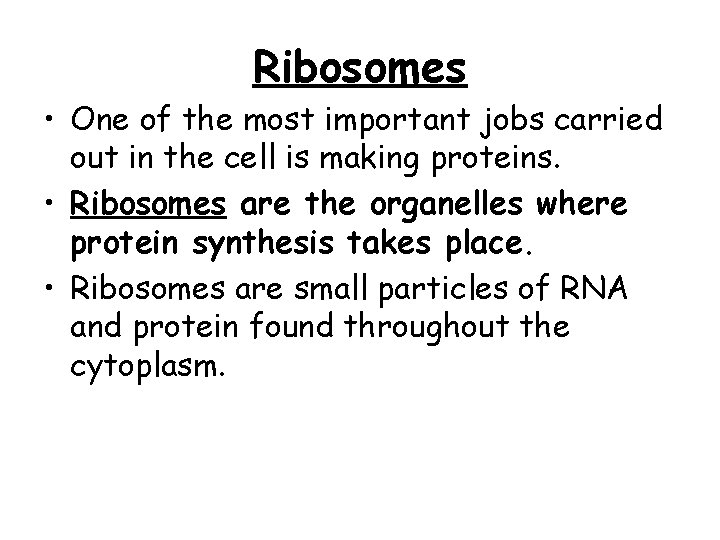 Ribosomes • One of the most important jobs carried out in the cell is Ribosomes • One of the most important jobs carried out in the cell is