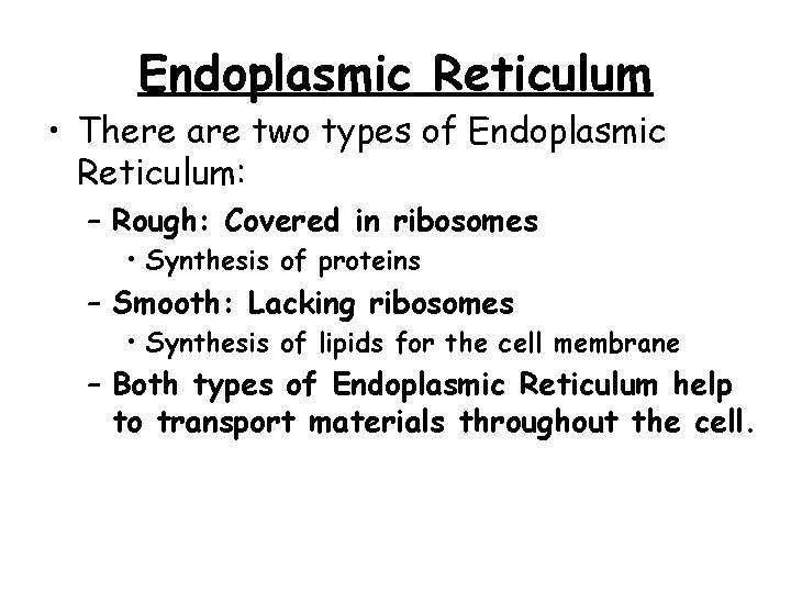 Endoplasmic Reticulum • There are two types of Endoplasmic Reticulum: – Rough: Covered in Endoplasmic Reticulum • There are two types of Endoplasmic Reticulum: – Rough: Covered in