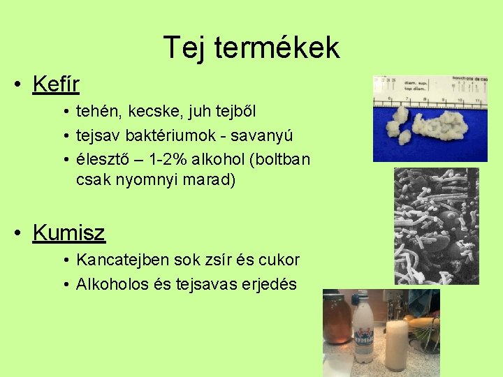 Tej termékek • Kefír • tehén, kecske, juh tejből • tejsav baktériumok - savanyú