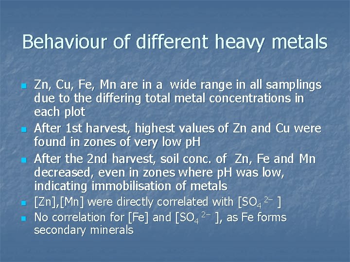 Behaviour of different heavy metals n n n Zn, Cu, Fe, Mn are in