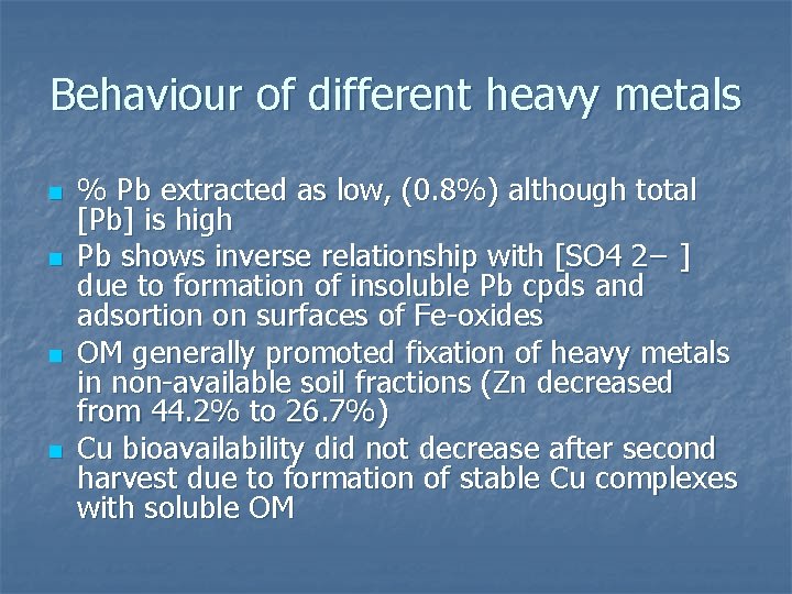 Behaviour of different heavy metals n n % Pb extracted as low, (0. 8%)