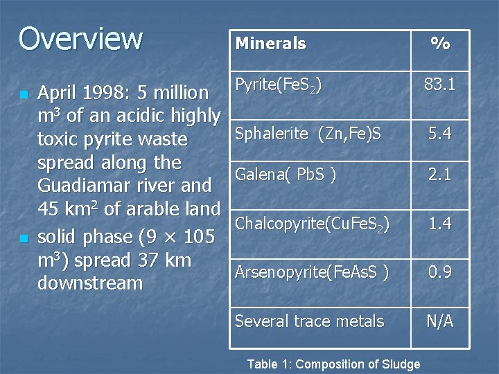 Overview n n April 1998: 5 million m 3 of an acidic highly toxic