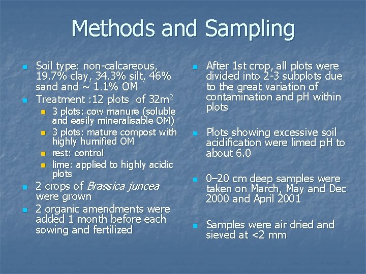 Methods and Sampling n n Soil type: non-calcareous, 19. 7% clay, 34. 3% silt,