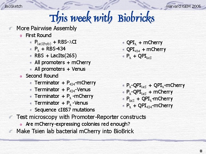 Bio. Sketch Harvard i. GEM 2005 This week with Biobricks More Pairwise Assembly First