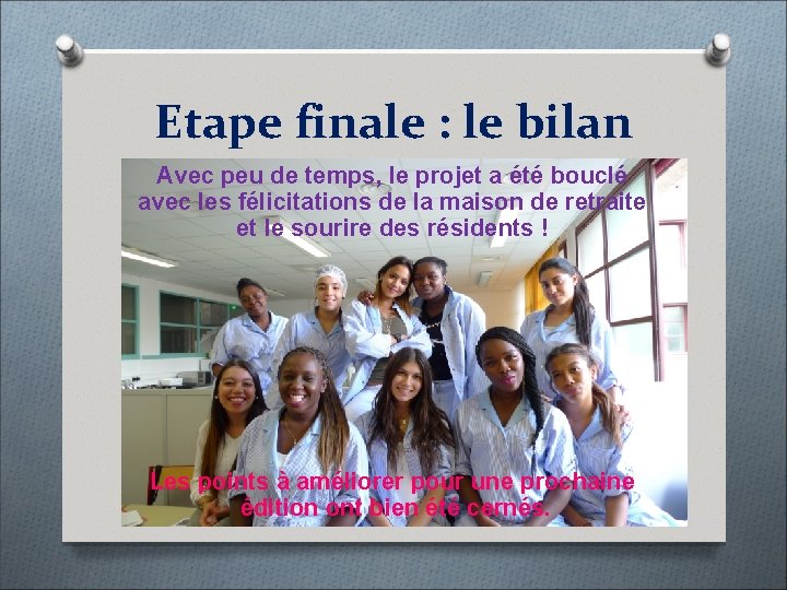 Etape finale : le bilan Avec peu de temps, le projet a été bouclé