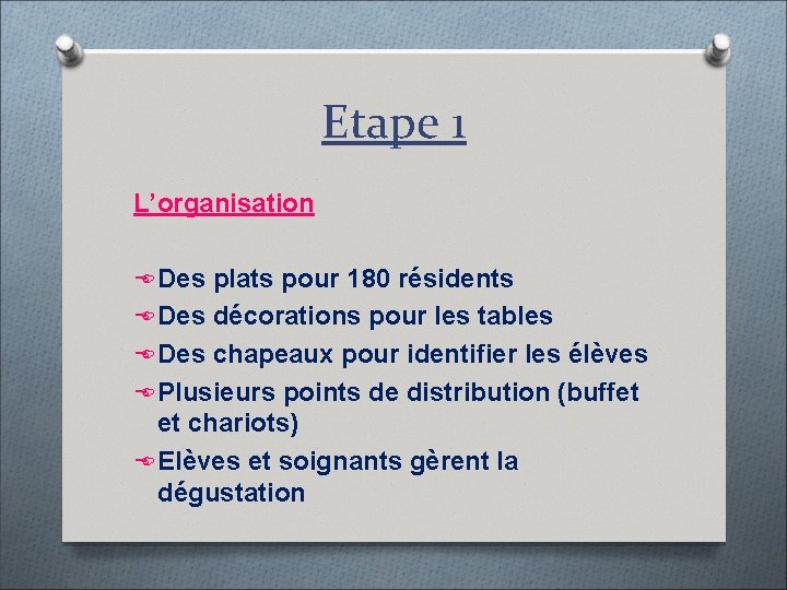 Etape 1 L’organisation E Des plats pour 180 résidents E Des décorations pour les