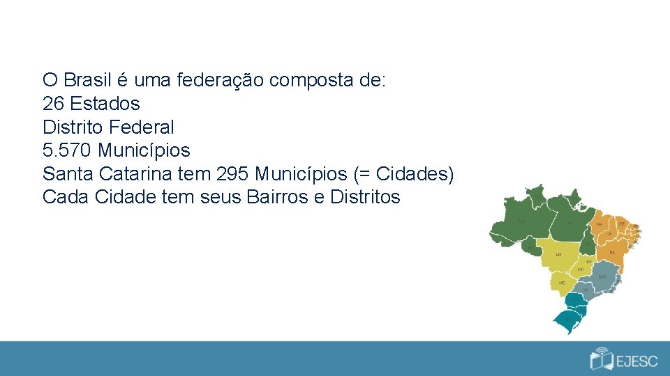 O Brasil é uma federação composta de: 26 Estados Distrito Federal 5. 570 Municípios