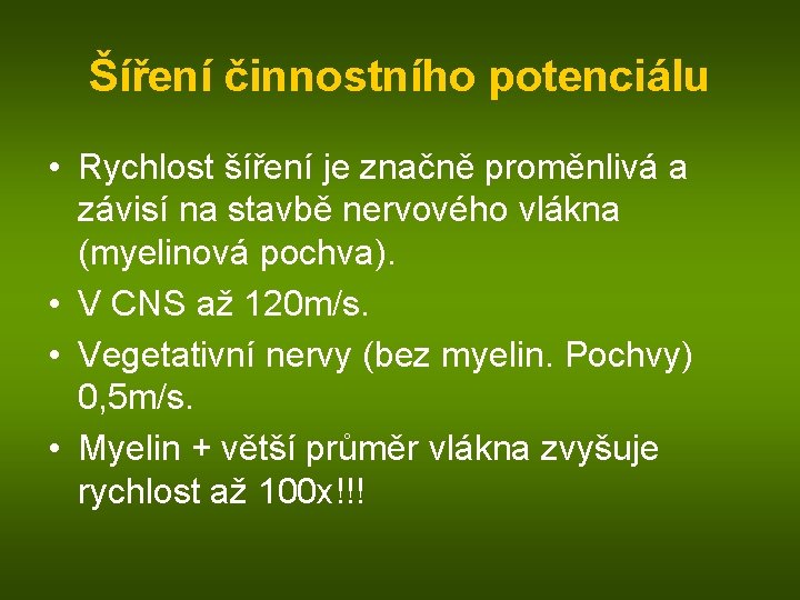 Šíření činnostního potenciálu • Rychlost šíření je značně proměnlivá a závisí na stavbě nervového