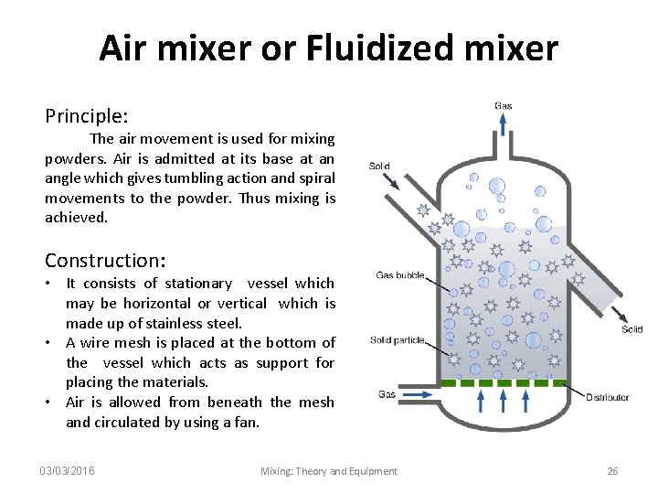 Air mixer or Fluidized mixer Principle: The air movement is used for mixing powders.