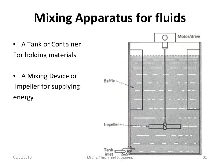 Mixing Apparatus for fluids • A Tank or Container For holding materials • A