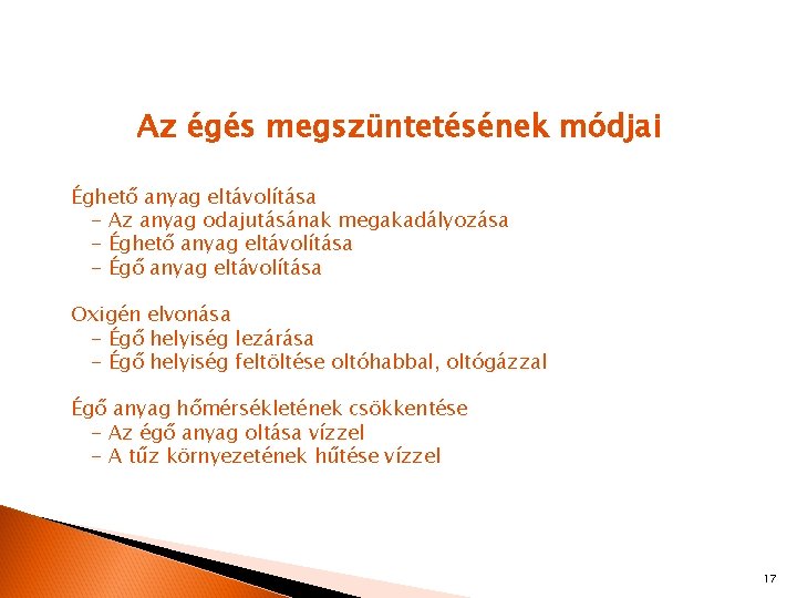 Az égés megszüntetésének módjai Éghető anyag eltávolítása - Az anyag odajutásának megakadályozása - Éghető