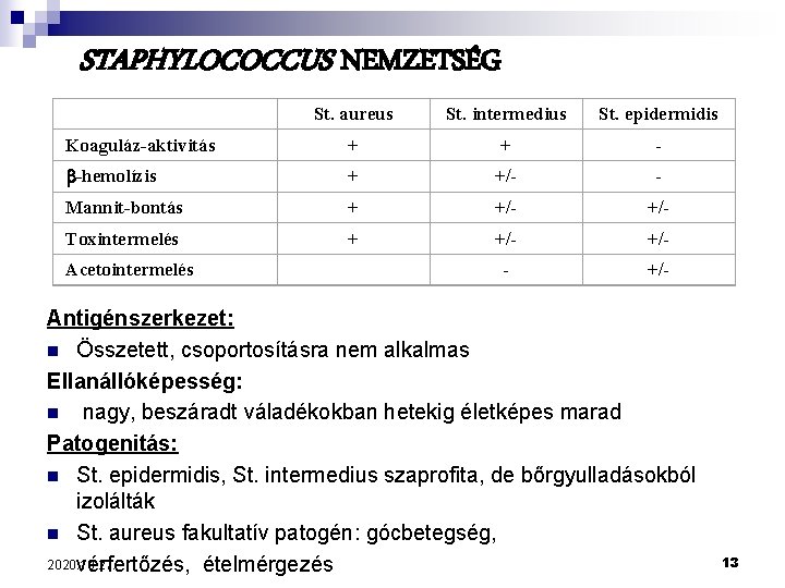 STAPHYLOCOCCUS NEMZETSÉG St. aureus St. intermedius St. epidermidis Koaguláz-aktivitás + + - -hemolízis +