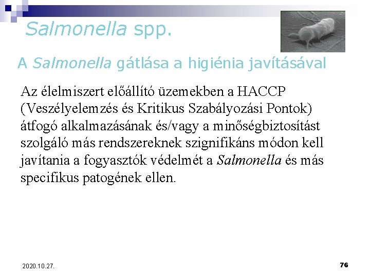 Salmonella spp. A Salmonella gátlása a higiénia javításával Az élelmiszert előállító üzemekben a HACCP