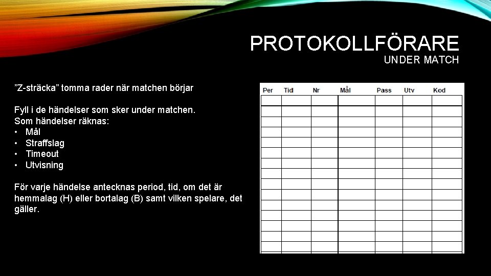 PROTOKOLLFÖRARE UNDER MATCH ”Z-sträcka” tomma rader när matchen börjar Fyll i de händelser som