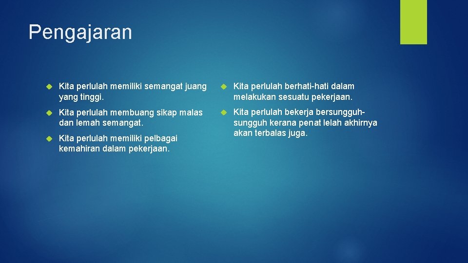 Pengajaran Kita perlulah memiliki semangat juang yang tinggi. Kita perlulah berhati-hati dalam melakukan sesuatu