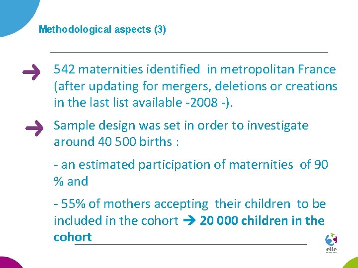 Methodological aspects (3) 542 maternities identified in metropolitan France (after updating for mergers, deletions