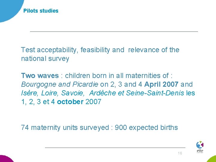 Pilots studies Test acceptability, feasibility and relevance of the national survey Two waves :