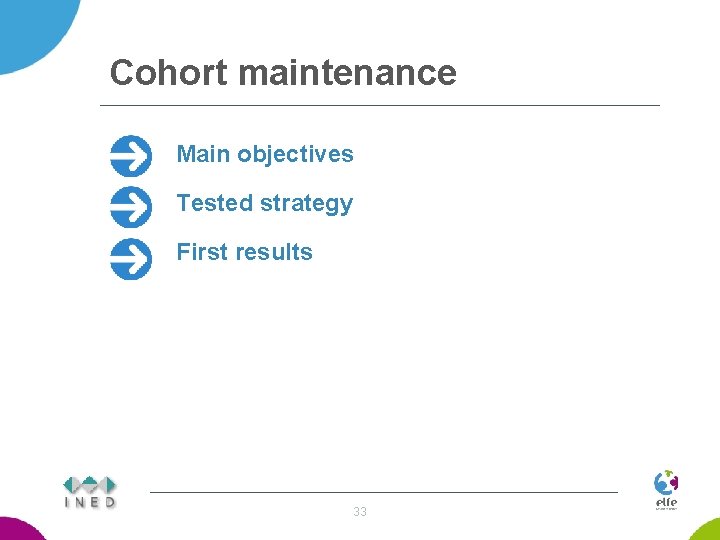 Cohort maintenance Main objectives Tested strategy First results 33 