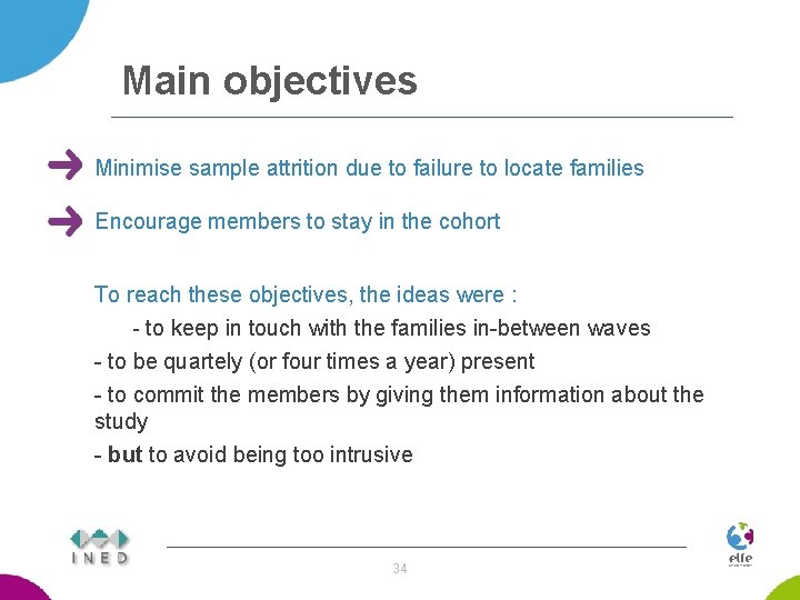 Main objectives Minimise sample attrition due to failure to locate families Encourage members to